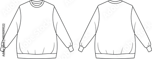 Sweatshirt technical flat sketch, front and back view, crewneck design, long sleeve, ribbed cuffs, garment template, fashion vector illustration