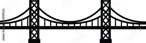 Suspension bridge illustration, black and white vector, architectural structure, civil engineering design, symmetrical span, tower cables, urban infrastructure, stylized sketch, bridge silhouette,