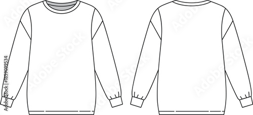 Sweatshirt technical flat sketch, front and back view, fashion template, garment design, long sleeve, crewneck, ribbed cuffs, vector illustration