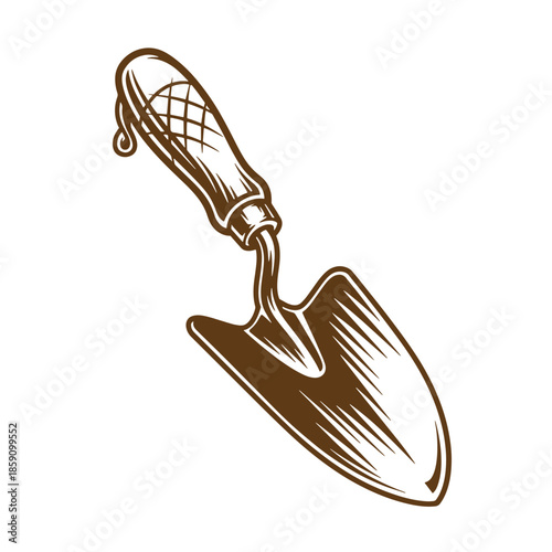 Vintage Brown garden trowel with handle on white background  gardening tool for planting and digging