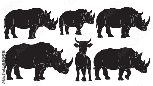 Silhouettes of Rhinoceroses and a Baby Rhinoceros on Transparent Background