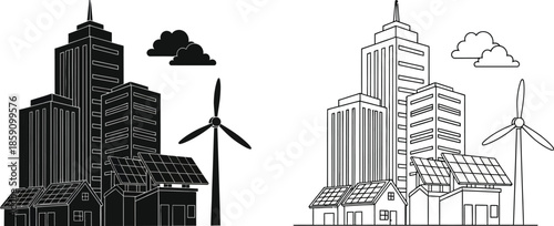 Cityscape with wind turbines and buildings line art style on transparent background silhouette