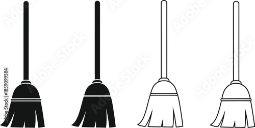 Four broom illustrations in varying styles on transparent background silhouette