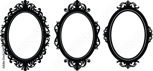 Three ornate oval frames decorative design elements on transparent background silhouette