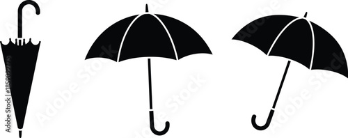 Three black umbrella icons in various positions on transparent background silhouette