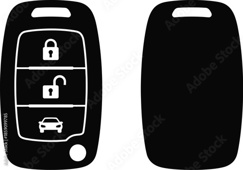 Two black car key fobs front and back view on transparent background silhouette