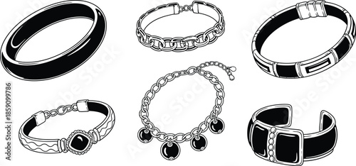 Elegant bracelet collection in black and white ideal for design use on transparent background silhouette