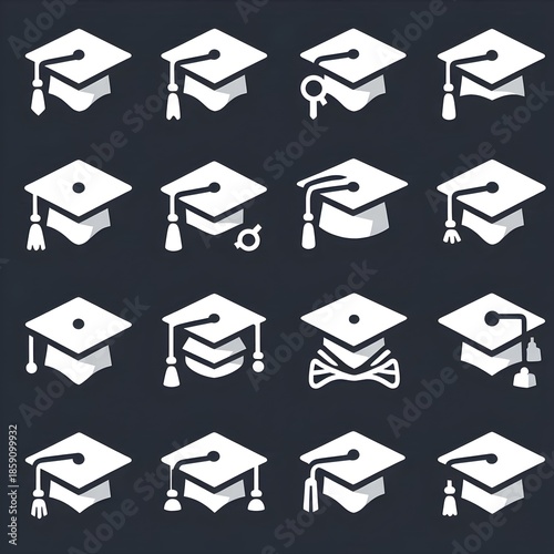 White graduation hat icons collection. Set of white graduation cap vector icon on dark background. Academic achievement, education, university, and success symbol