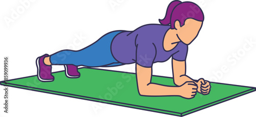 Woman doing plank exercise on a mat fitness illustration on transparent background silhouette