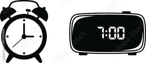 Two alarm clocks displaying time a classic and digital design on transparent background silhouette