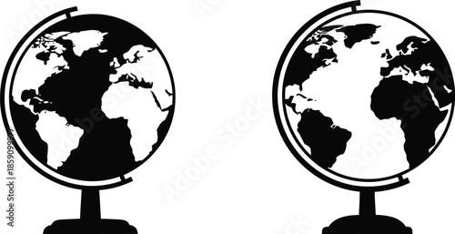 Two detailed world globe icons black and white ideal for design on transparent background silhouette