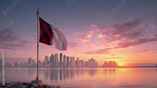 Flag of qatar waving at sunrise over the doha skyline and the arabian gulf, 4k video