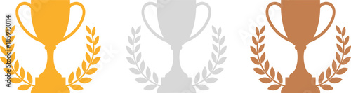 Trophy icon set, gold silver bronze, achievement symbols, laurel wreath, award graphic, ranking illustration, competition prize, vector design