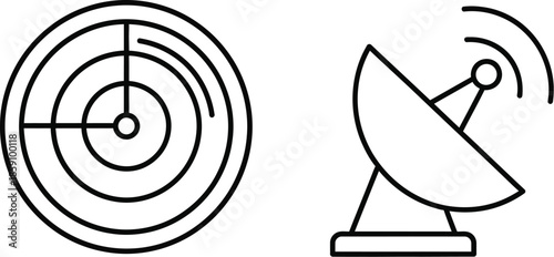 Radar and satellite dish icons in linear style on transparent background silhouette