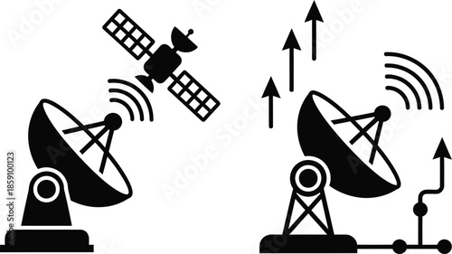Satellite dish and signal transmission graphic on transparent background silhouette