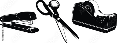 Stationery items including stapler scissors and tape dispenser on transparent background silhouette