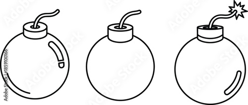 Three cartoon bombs in varying states of detonation on transparent background silhouette