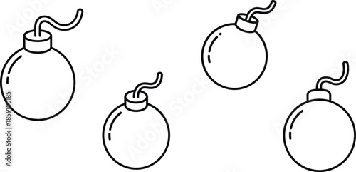 Four simple bomb line icons on transparent background silhouette