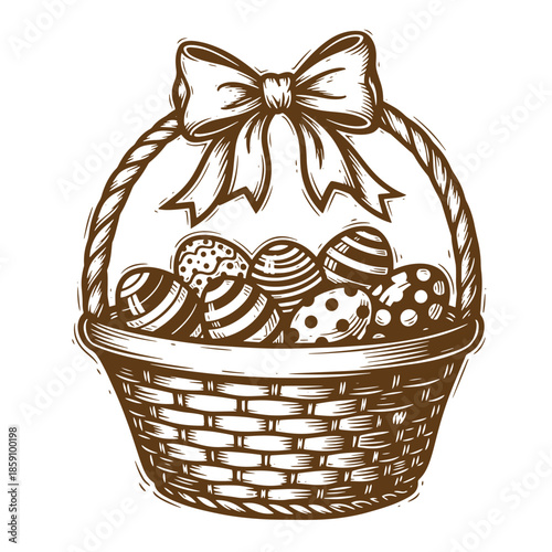 Vintage brown illustration of a wicker basket filled with decorative Easter eggs and a bow on the handle isolated on white background