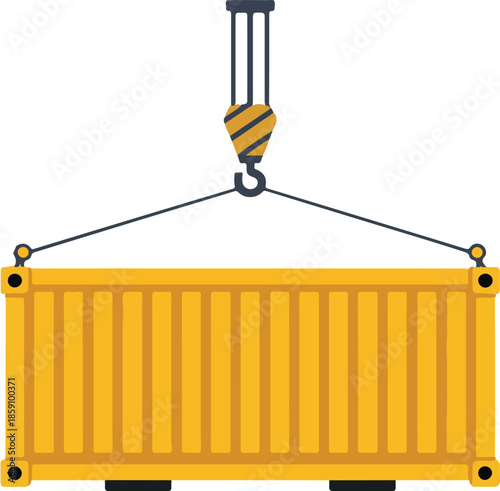 Yellow Shipping Container Being Lifted by Crane Hook Vector Graphic Illustration for Logistics and Transportation