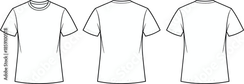 T-shirt line drawing, fashion sketch set, apparel technical view, clothing outline, front back angle, garment design template