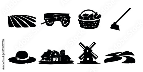 Silhouettes of farming tools and scenes: field, cart, harvest basket, windmill, and tools