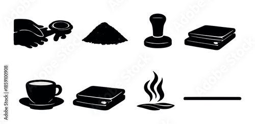 Coffee preparation icons: brewing tools and cup with steam design