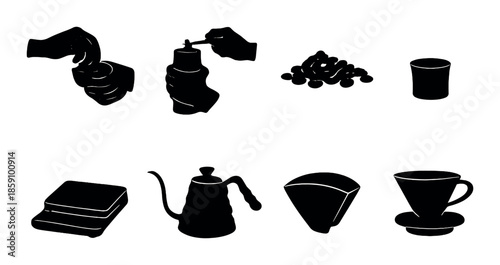 Coffee brewing essentials: grinder, beans, filter, kettle, cup, spoon, dripper