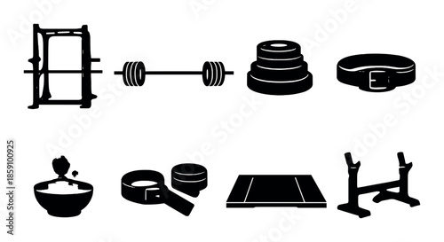 Silhouette icons of gym equipment: rack, dumbbell, plates, belt, bowl, tape, floor, bench