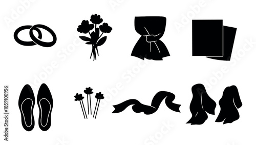 Elegant black silhouettes: rings, flowers, curtains, shoes, ribbon, and hair
