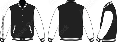Varsity jacket sketch, front back side view, fashion flat, apparel design, garment template, vector illustration, clothing construction detail