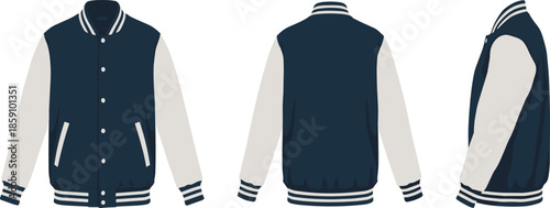 Varsity jacket template, front back side view, fashion apparel mockup, classic sportswear design, garment silhouette, clothing vector illustration