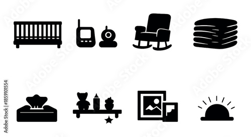 Baby room essentials: crib, monitor, rocking chair, toys, art, sun icon silhouettes