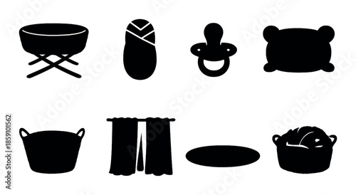 Silhouette icons of baby essentials: bassinet, swaddle, pacifier, pillow, laundry, curtains, rug, basket