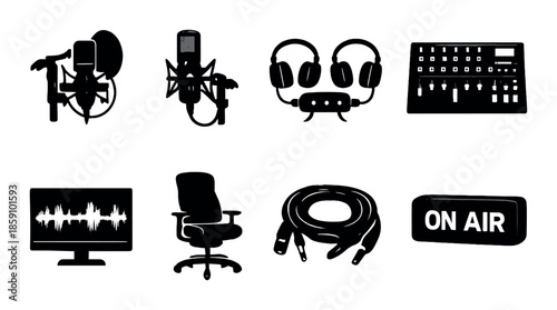 Podcast studio equipment icons: microphone, headphones, mixer, and on air sign