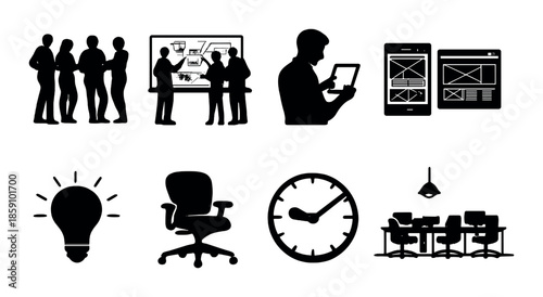 Silhouetted office elements: team meeting, digital devices, and workspace essentials