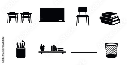 Monochrome education icons set featuring classroom and office supplies
