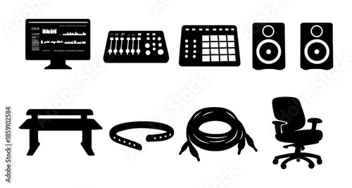 Monochrome audio studio equipment icons: monitor, controller, speakers, cables, chair