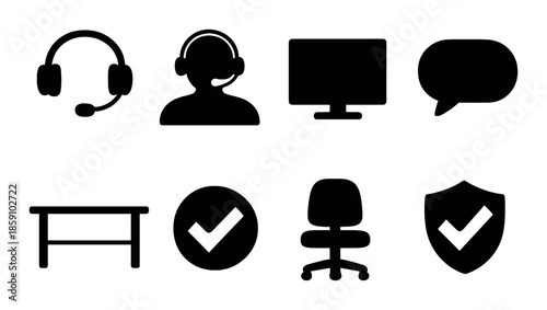 Silhouette collection of office and communication icons on black background