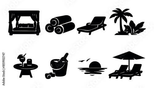 Silhouette icons of tropical vacation elements against a dark background