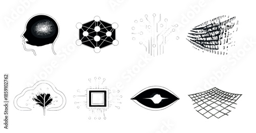 Futuristic technology icons featuring human head, circuit patterns, and network designs