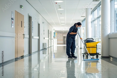 A woman in a blue uniform is cleaning a hospital hallway with a mop and bucket