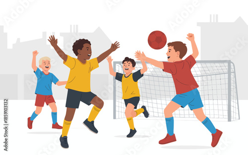 Kids playing soccer in urban setting