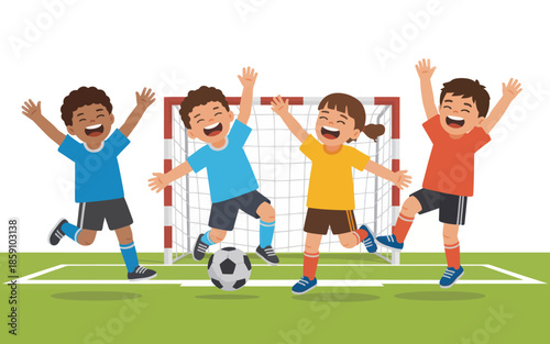 Kids celebrating soccer goal