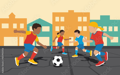 Kids playing soccer in urban street