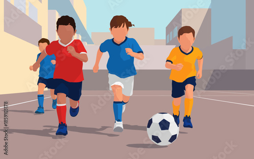 Kids playing soccer on urban court