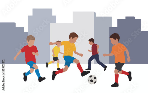 Kids playing soccer in city