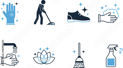 Cleanliness hygiene icons set with sparkling symbols of hand washing, mopping, wellness, sanitation tools, and personal care essentials