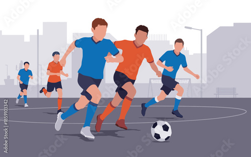 Soccer players in action on urban court