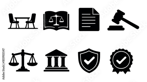 Legal icons black and white silhouette: scales, gavel, documents, meeting